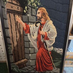 Vintage framed needlepoint yarn art depicting Jesus knocking at the door